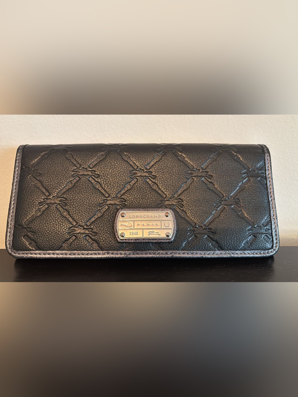 Longchamp Black Leather Jacquard Continental Wallet with Silver Plaque -Like new